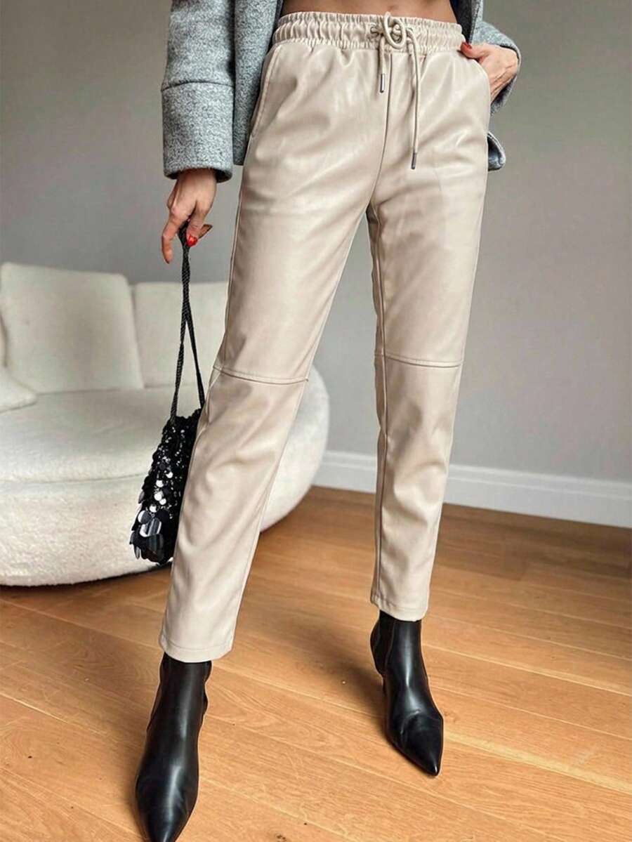 EURMUSE Women's Fashion PU Leather Drawstring Waist Pocket Long Pants - Beige - View 1