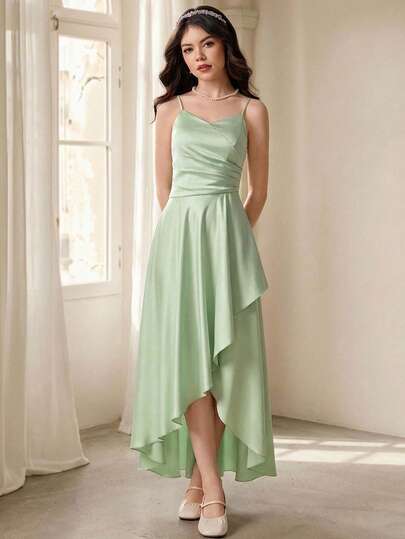 Pitira Kids Teen Girls Green Satin Irregular Hem Waist Cinched Camisole Dress, Elegant For Party, Date, Important Family Gathering, Suitable For Various Occasions, Back To School, Campus Style, Party, Commute, Shopping, Suitable For Wedding, Birthday Party, Prom And Bridesmaid Events, Formal Evening Gown, Graduation Ceremony, Banquet Wedding Guest Dress Women Bridesmaid Dress Sage Green Formal Dress Elegant Green Dress Asymmetrical Dress Prom Dresses Vestidos Elegantes Para Fiesta