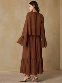 Aveloria Rosie Fashionable Versatile Layered Ruffle Chiffon Sheer Blouse & Long Skirt 2 Pieces Set, European Style - Coffee Brown - View 2