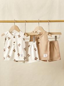 男婴休闲印花背心短裤套装，夏季 - 卡其色 - 查看 8