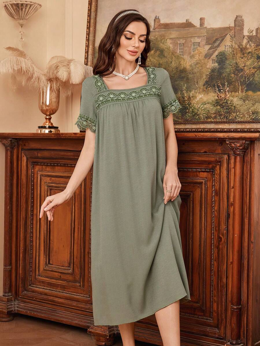 SHEIN 方领撞色蕾丝边睡衣 - 軍綠色 - 查看 1