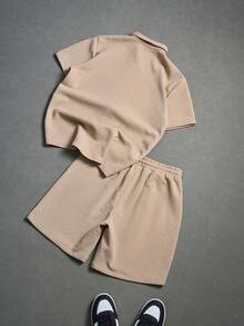 Manfinity RSRT Conjunto de camisa de manga corta y pantalones cortos de unicolor para hombre - Caqui - Ver 2