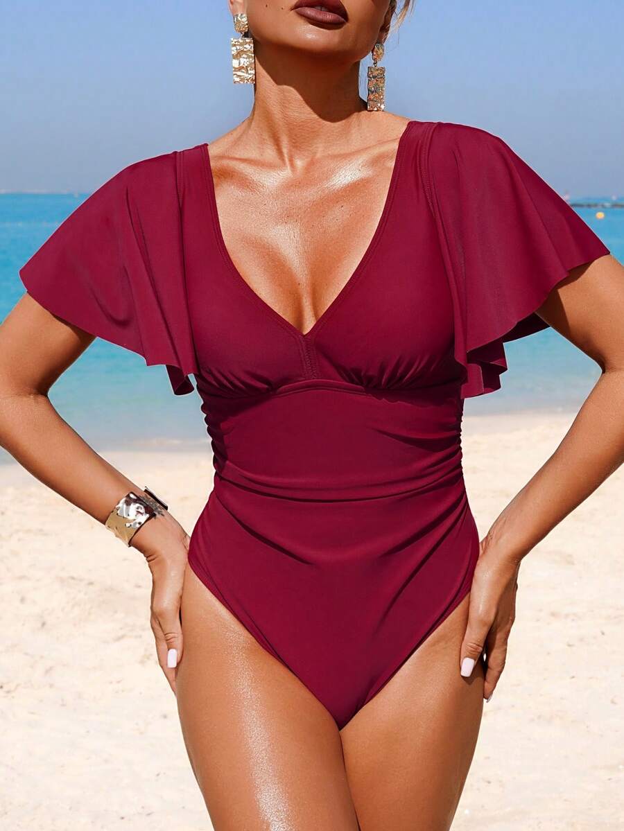 Swim Lushoire Áo tắm liền thân màu đỏ tía, cổ chữ V, tay bồng, eo thắt, kín đáo và tôn dáng, thích hợp cho bãi biển và khu nghỉ dưỡng, mùa hè. - Đỏ - Xem 1