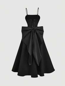 SHEIN MOD 纯色吊带露背大蝴蝶结缎面中长连衣裙 - 黑色 - 查看 2