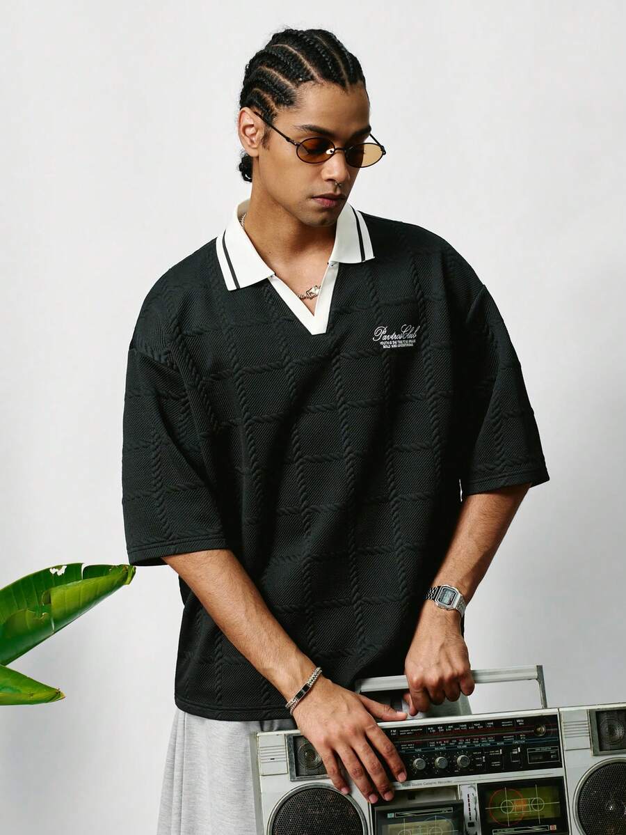 PAVTROS 男士舒适时尚提花面料 Polo 衫，男士宽松街头风 - 黑色 - 查看 1