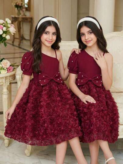 Glamorique Kids فستان أنيق للبنات بأكمام منتفخة باللون الأحمر المرصع باللؤلؤ، فستان كتف مائل بفيونكة كبيرة وتصميم زهري ثلاثي الأبعاد للحافة، مناسب للحفلات والأعياد والمناسبات الرسمية