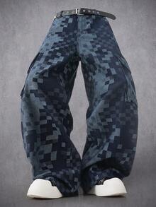 Manfinity Denimwave Men's Casual Fashion Street Checkered Patchwork Loose Wide-Leg Cargo Jeans, Belt Not Included - Dark Wash - View 2