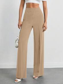 EURMUSE Pantalones anchos de talle alto de unicolor y casual para mujer de talla grande, de largo completo - Beis - Ver 5