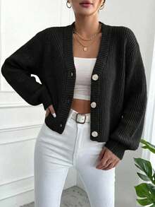 EURMUSE Solid Color V-Neck Dropped Shoulder Front Button Ribbed Cardigan - Black - View 3