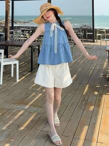 DAZY Women's Summer Round Neck Sleeveless Lace Patchwork Tie-Up Casual Cropped Denim Pullover Top - Medium Wash - View 2