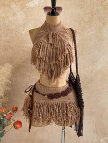 Soleia Choker Detail Fringe Knit Top Summer, Ibiza Fits, Holiday Vacation Sexy Festival Rave Knit Escapade Fall Country Autumn Winter Nashville - Khaki - View 5