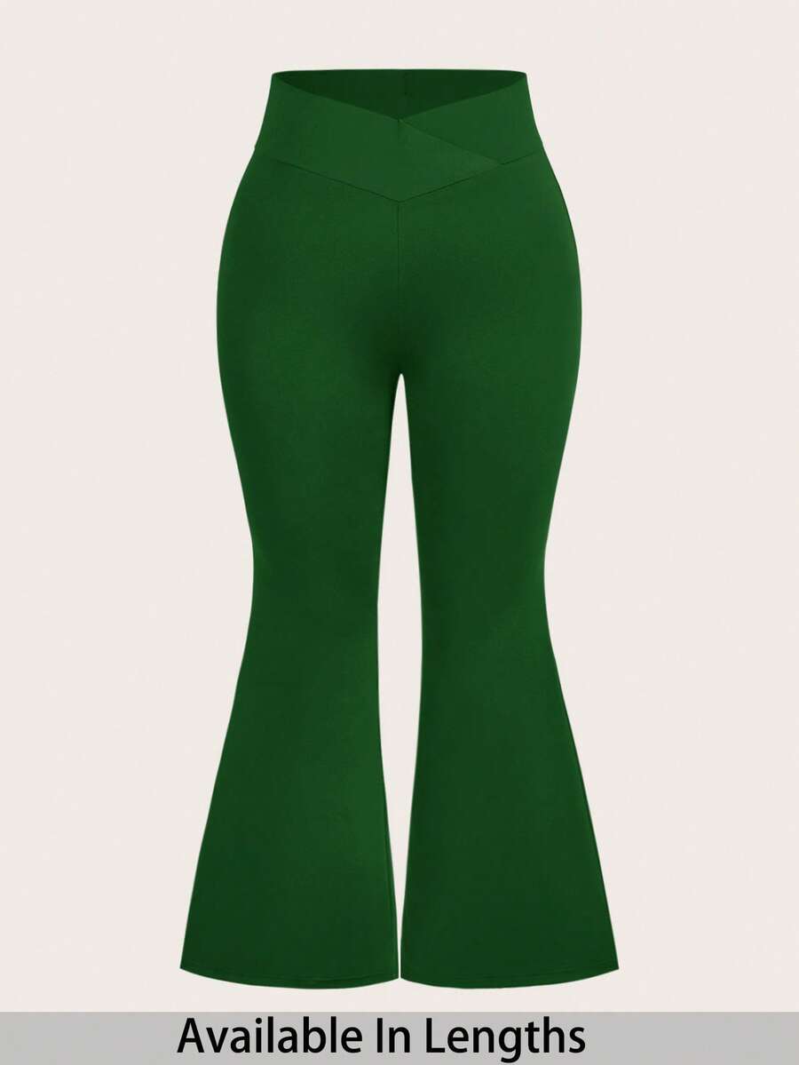 SHEIN PETITE CURVE 大码娇小女款高腰交叉设计喇叭裤 - 綠色 - 查看 1