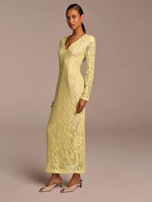 COSMINA Women's Elegant Deep V-Neck Long Sleeve Lace Waist Cinched Dress, Suitable For Vacation, Commute, Office, Outing, Date, Valentine's Day, Evening Party, Wedding Season - Yellow - View 5
