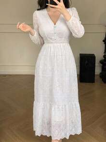 DAZY 纯色提花收腰A字裙摆喇叭袖优雅度假连衣裙，适合女士，春秋季 - 白色 - 查看 6