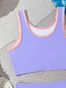 Conjunto de traje de baño de verano de 2 piezas con chaleco y shorts elásticos cómodos con recortes en color morado, un conjunto de 2 piezas de verano para niñas preadolescentes - Morado - Ver 5