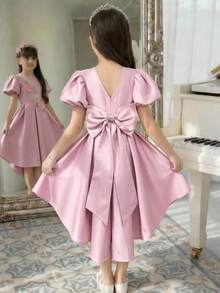 SHEIN Vestido elegante, dulce y lindo para niña preadolescente con decoración de flores 3D, cuello redondo, cintura ceñida, lazo grande en la espalda y mangas abullonadas, vestido de lujo para niñas, vestido rosa - Rosa - Ver 2