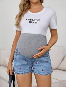 SHEIN Maternity Women's Cherry Embroidery Denim Shorts, Navy Blue Summer Casual Versatile Daily Patchwork Ribbed Belly Band Comfortable Chic Y2k Streetwear - Blue - View 5