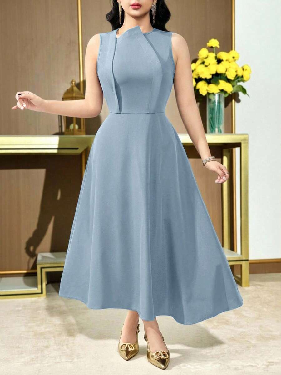 Feyla 女士纯色不对称领无袖优雅中长连衣裙