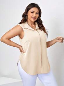 SHEIN Clasi 大码女式休闲无袖纯色衬衫，夏季，夏季上衣，大码纽扣衬衫，大码夏季衬衫，大码无袖上衣，女式大码衬衫 - 杏色 - 查看 5