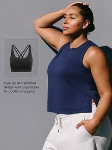 GLOWMODE Plus Size Pima Cotton City Beat Lightweight Breathable Stretchy Side Slits Reflective Logo Cropped Tank Top Daily Casual Wear - Dark Blue - View 5