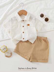 Cozy Pixies 2 pièces Ensemble bébé garçon cardigan à manches courtes en tricot col doux de couleur unie et short à taille élastique - Nude - Voir 10