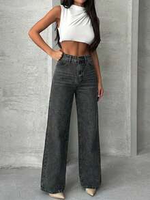 EURMUSE Women's Solid Color Casual Denim Jeans - Dark Grey - View 3