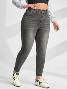 EURMUSE Jeans casual versatili a vita alta con tasche, taglie comode per donne in sovrappeso - Grigio Chiaro - Visualizzare 5