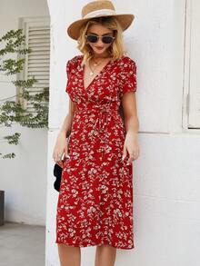 Breezaya Women's Fashion V-Neck Floral Criss-Cross Tie Wrap Dress - Red - View 3