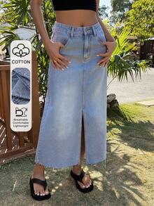 Livesso Spring & Summer Washed Distressed High Slit Straight Casual Beach Vacation Denim Skirt For Women - Medium Wash - View 1