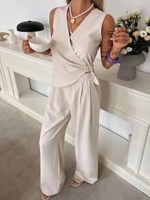 Livesso 纯色裹身侧结上衣和阔腿裤 - 米色 - 查看 1