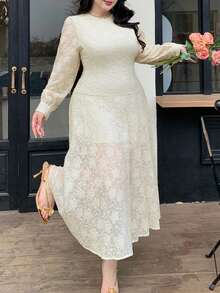 Dazy Plus Dehnbares, figurbetontes, elegantes Spitzen-Patchwork-Meerjungfrauenkleid, sexy Damenkleid in Große Größen für Frühling/Herbst-Dates, Apricot - Aprikosenfarben - Übersicht 4