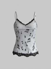 ROMWE Bộ 3 món áo hai dây ôm sát người, viền ren, in hình nốt nhạc và bàn phím piano phong cách Y2K cổ điển. - Nhiều màu - Xem 12