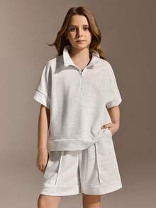SHEIN Tween Girls Clothes 2pcs/Set Tween Girls Casual Outfit,Polo Zip-Up, Cute, School, Back To School - Light Grey - View 4