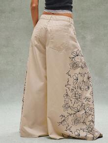 Bohemela 女士休闲阔腿直筒牛仔裤，印有脚印图案 - 卡其色 - 查看 6