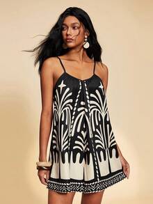 Travachic 女士印花无袖连体裤，适合春夏度假 - 黑與白 - 查看 7