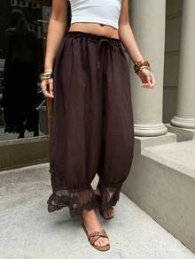 Serisse 女士抽绳腰带蕾丝拼接休闲百搭日常裤 - 棕色 - 查看 7