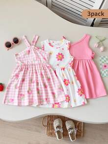 SHEIN Playful Pals Set de 3 vestidos sin mangas de colores alegres para niñas bebés, para uso en verano y al aire libre - Multicolor - Ver 1