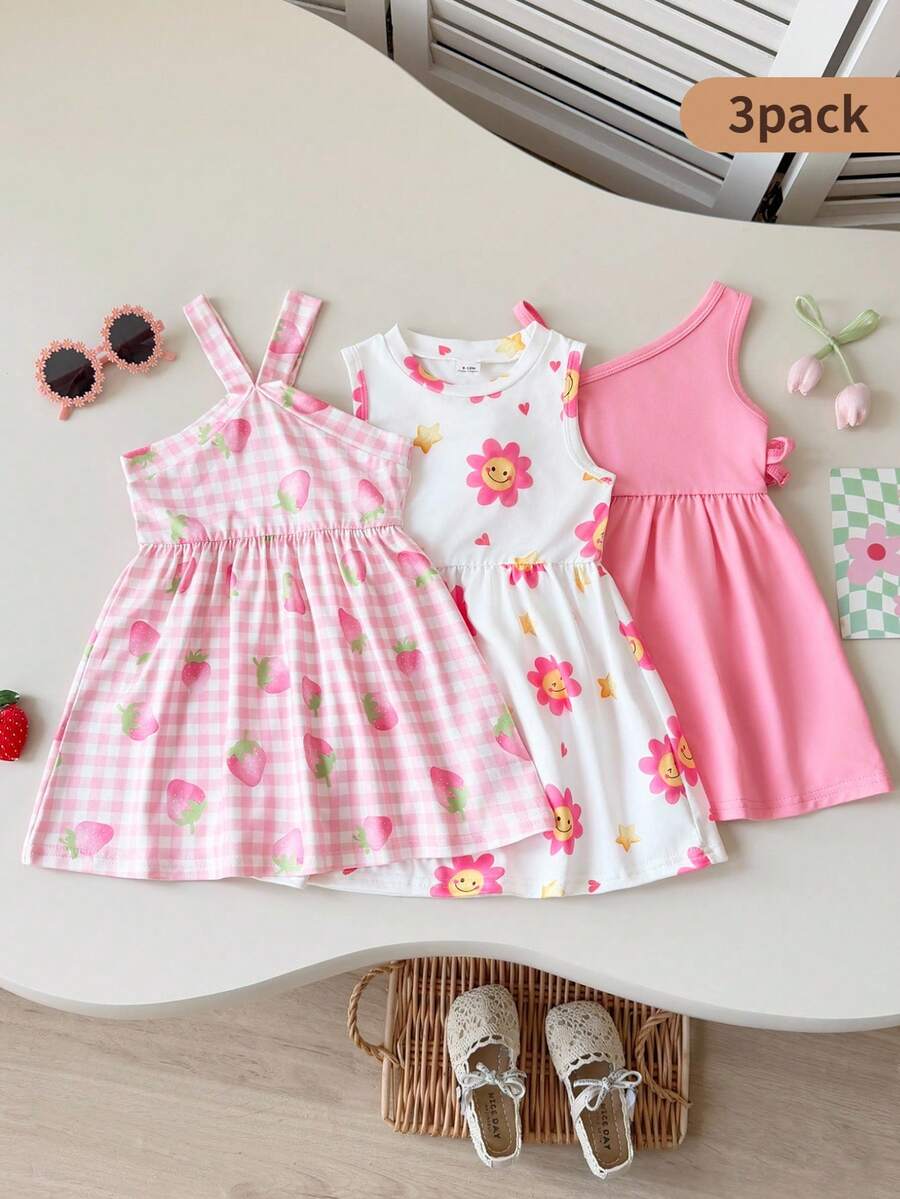 SHEIN Playful Pals Set de 3 vestidos sin mangas de colores alegres para niñas bebés, para uso en verano y al aire libre - Multicolor - Ver 1