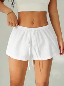 SHEIN PETITE 2条装女士新款亚麻条纹短裤 - 彩色 - 查看 2