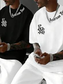 SHEIN Coolqubz 2件装男童及青少年宽松字母印花圆领短袖T恤，夏季图案T恤 - 彩色 - 查看 1