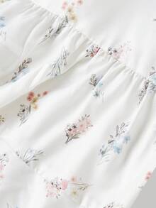 SHEIN MOD White Fabric Camisole Top, Delicate Floral Print, Pastel Pink And Blue Flowers, Adjustable Spaghetti Straps, Ruffled Edges, Front Lace-Up Detail, Peplum Hem, Lightweight Material, Breathable Texture, Soft Feel, Fitted Silhouette, Feminine Style - White - View 3