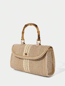SHECARRY Ladies, Women Top Handle Bags, Straw Bag, Crossbody Bags, Bamboo Handle, Fashionable, Elegant, Simple, Personalized, Versatile, For Beach, Vacation, Holiday, Summer, Seaside - Khaki - View 2