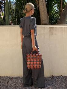 DAZY Women's Round Neck Short Sleeve Frill Trim Denim Shirt And Loose Fit Pants Casual Denim Outfit - Grey - View 6