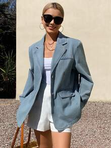 DAZY 女士翻领牛仔夹克，休闲宽松水洗牛仔夹克 - 中等水洗藍 - 查看 1