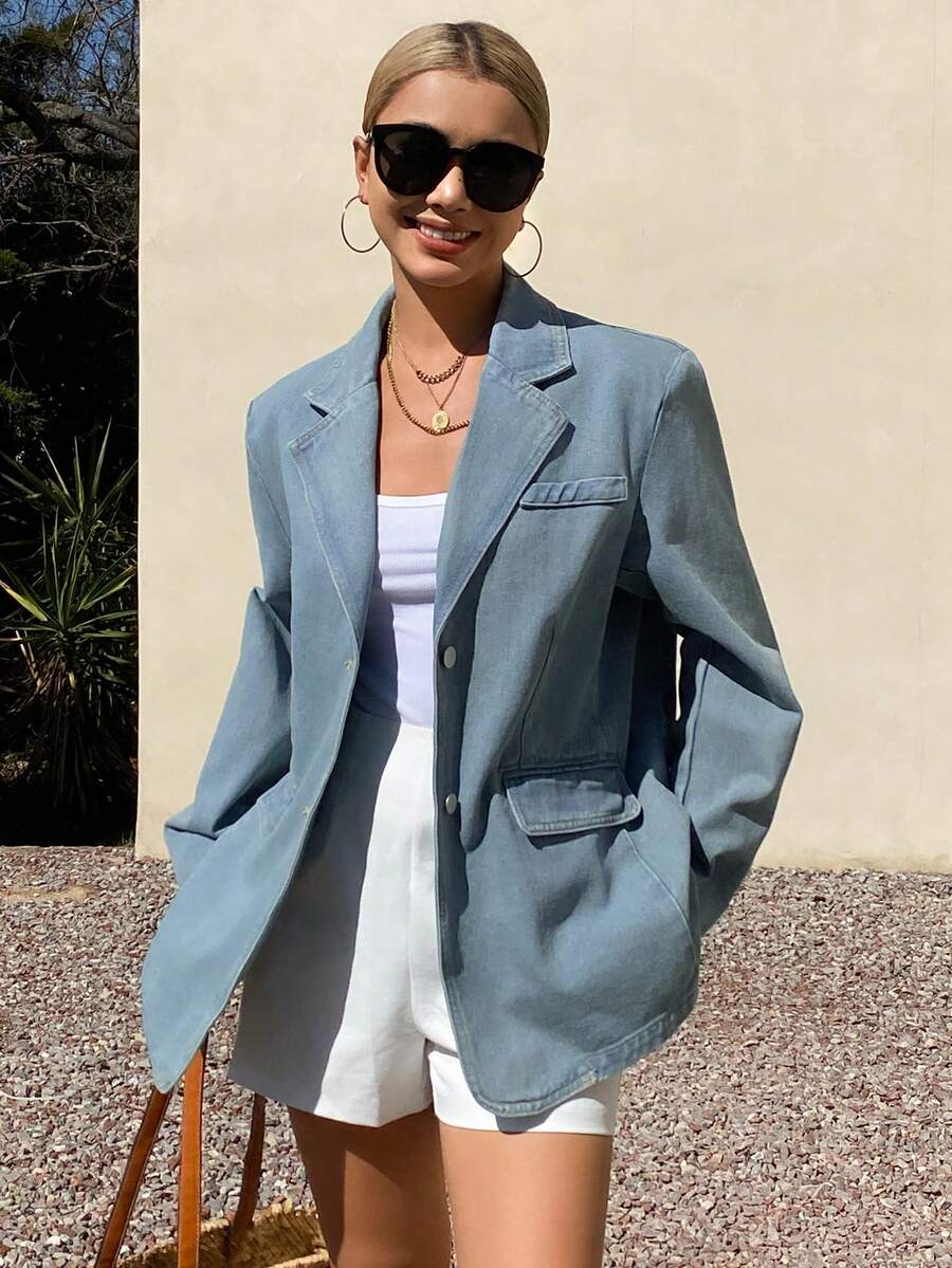 DAZY 女士翻领牛仔夹克，休闲宽松水洗牛仔夹克 - 中等水洗藍 - 查看 1