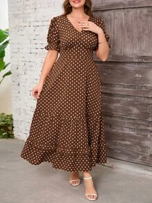 SHEIN Clasi Đầm mùa hè cỡ lớn kiểu dáng thường ngày in chấm bi, có bèo nhún. - màu nâu - Xem 6