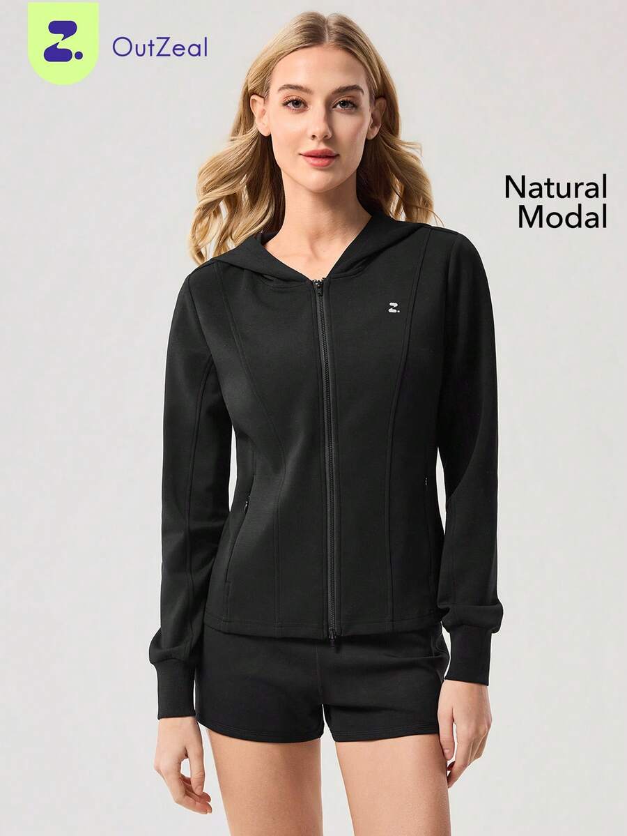 OutZeal 女士运动夹克 黑色 日常休闲款 连帽拉链运动上衣 - 黑色 - 查看 1