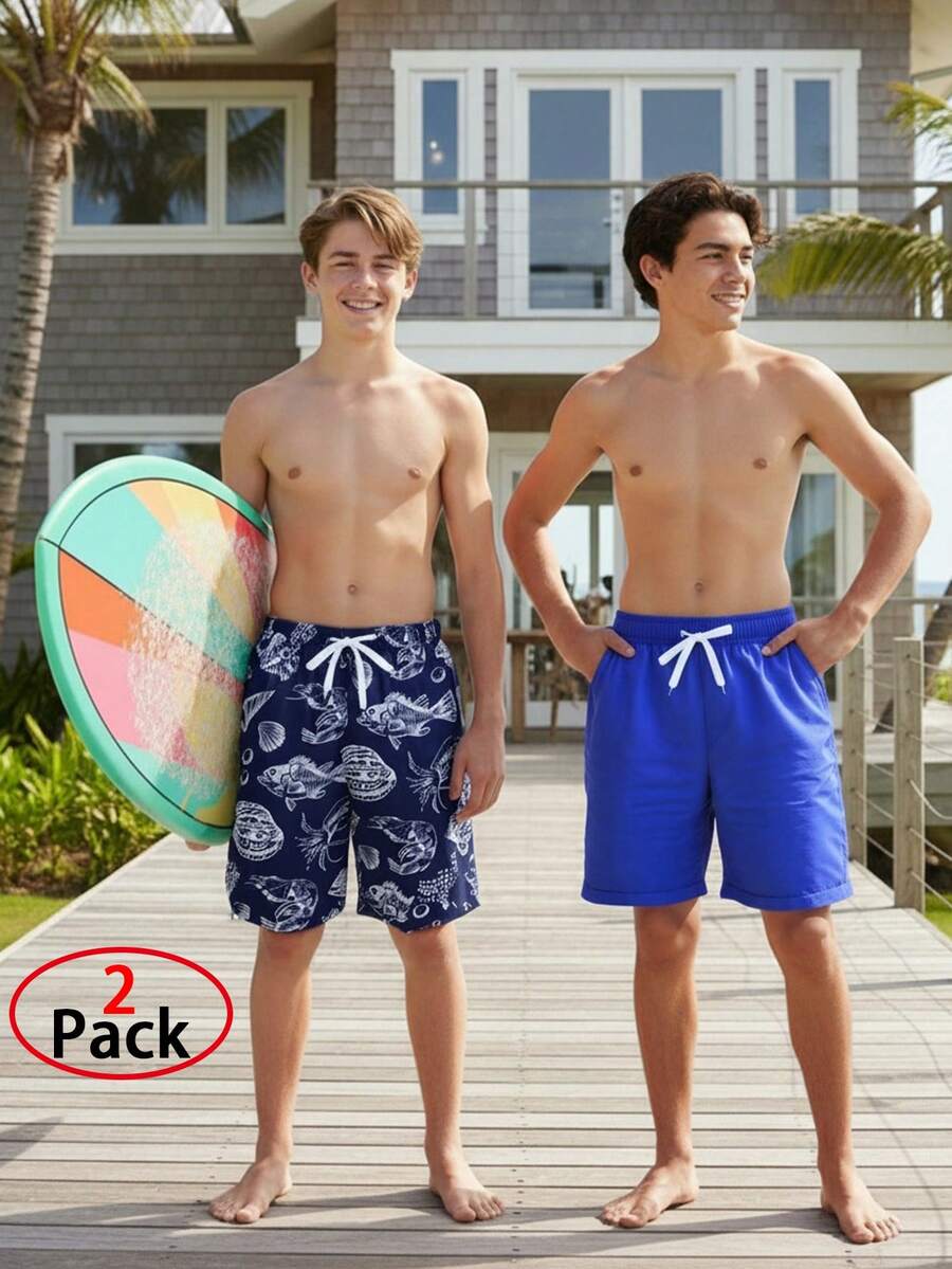 2 Stücke/Set Shorts für Teenager Jungen mit Ozeankreatur Muster, gewebter Stoff, geeignet für Strandurlaub - Verschiedenfarbig - Übersicht 1