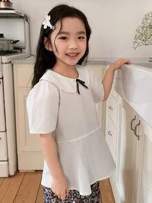 DAZY Young Girls Peter Pan Collar Solid Color Bowknot Fresh Shirt - White - View 1