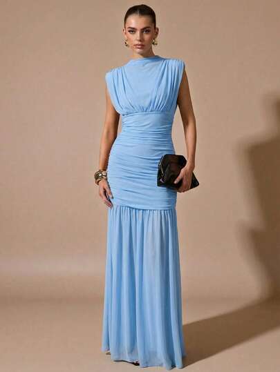 SHEIN BAE Vestido negro envolvente de gasa elegante con pliegues, adecuado para citas románticas, fiestas, eventos formales, vestidos de dama de honor, vestido de verano para mujer, vestido para té, Año Nuevo, Día de San Valentín, vestido mini de cumpleaños, vestido largo negro